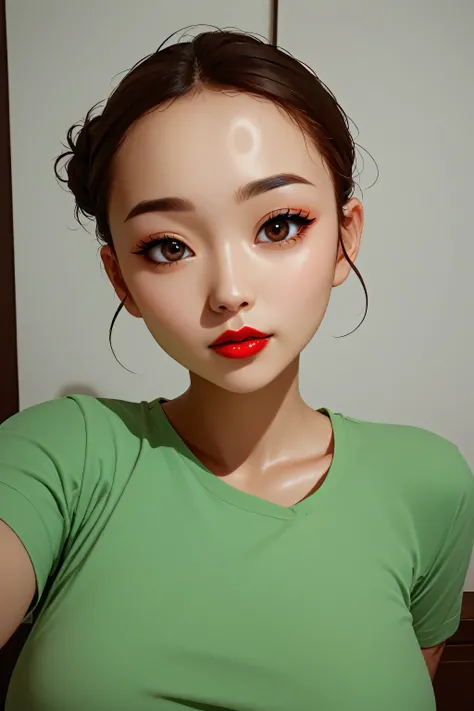 simple background, perfect face, hair bun, brown hair, (forehead), black thin eyebrows, big glowing brown eyes, thick red lipstick, beautiful woman, shirt, green shirt, medium breasts, pov, ((female asian)), asian