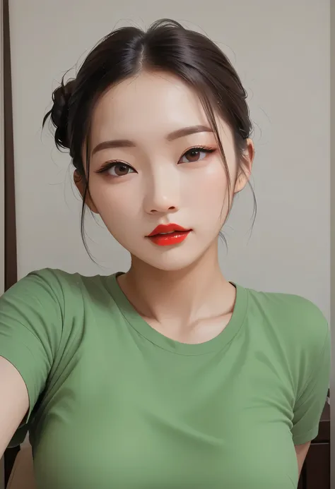 simple background, perfect face, hair bun, brown hair, (forehead), black thin eyebrows, big glowing brown eyes, thick red lipstick, beautiful woman, shirt, green shirt, medium breasts, pov, ((female asian)), asian