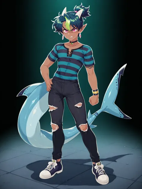 solo, shirt, 1boy, lean, jewelry, shark tail, full body, male focus, light cyan hair, dark cyan hair, multicolored hair, earrings, green hair, white horns, blue and black striped shirt, pants, dark skin, pink eyes, torn clothes, black pants, dark-skinned m...