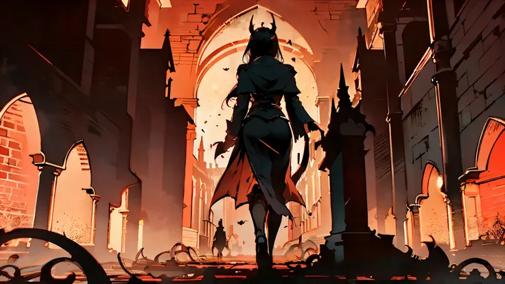 masterpiece, best quality, seductive demon woman standing in the center of crumbling gothic cathedral, soft glowing red light, vampire hunter's silhouette walking away in the distance, emotional finality, cinematic lighting, 4k resolution
