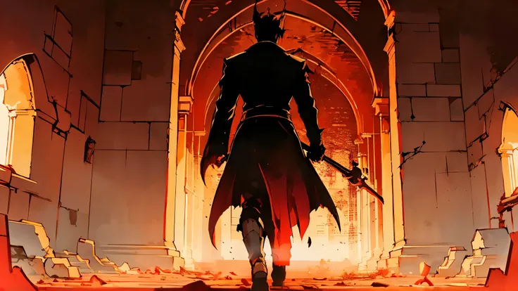 masterpiece, best quality, seductive demon woman standing in the center of crumbling gothic cathedral, soft glowing red light, male vampire hunter's silhouette walking away in the distance, emotional finality, cinematic lighting, 4k resolution
