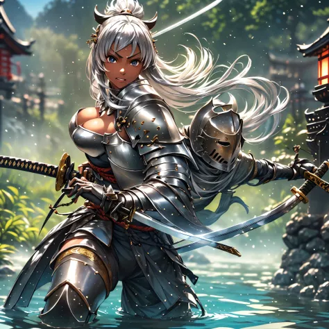 (((top quality、4k))), ((masterpiece)), ( are familiar), Perfect face,  Shiny Skin, beautiful breasts, Shiny Skin、  tanned skin  、sweat、 double teeth
、 young、 big breasted with a cross eye、hot spring、Dark Skin、close、Nearby、(((having Japanese sword、battoujyu...