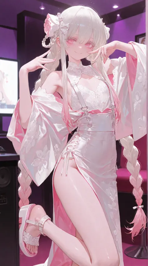 1 girl, girl, Light pink eyes, White hair, Very long low double twist braid with white and pink double dyed, gradient hair,Very long low double twist braid,Light pink eyes, white eyelash ,wears a sexy white lace suspender dress, sexy pose, 748cmstyle, di...