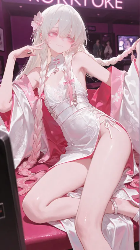 1 girl, girl, Light pink eyes, White hair, Very long low double twist braid with white and pink double dyed, gradient hair,Very long low double twist braid,Light pink eyes, white eyelash ,wears a sexy white lace suspender dress, sexy pose, 748cmstyle, di...