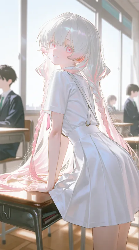 1 girl, girl, Light pink eyes, White hair, Very long low double twist braid with white and pink double dyed, gradient hair,Very long low double twist braid,Light pink eyes, white eyelash ,wears a sexy white lace suspender dress,Reoen of the Sexes , school...