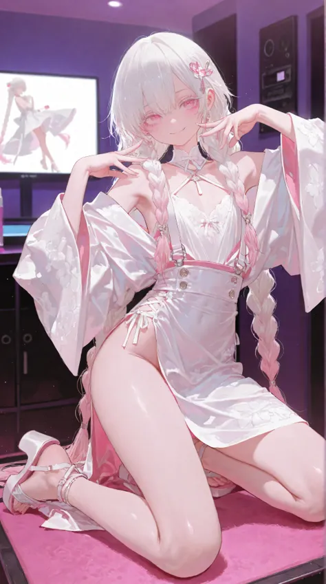 1 girl, girl, Light pink eyes, White hair, Very long low double twist braid with white and pink double dyed, gradient hair,Very long low double twist braid,Light pink eyes, white eyelash ,wears a sexy white lace suspender dress, sexy pose, 748cmstyle, di...