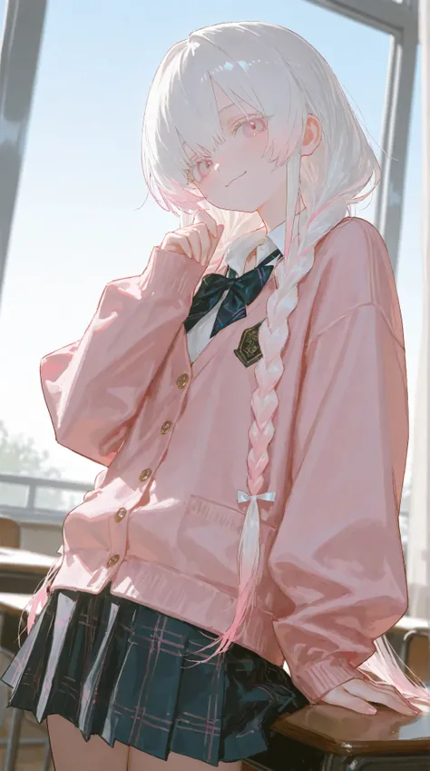 1 girl, girl, Light pink eyes, White hair, Very long low double twist braid with white and pink double dyed, gradient hair,Very long low double twist braid,Light pink eyes, white eyelash ,Wearing white JK,Reoen of the Sexes , school uniforms, long hair, ...
