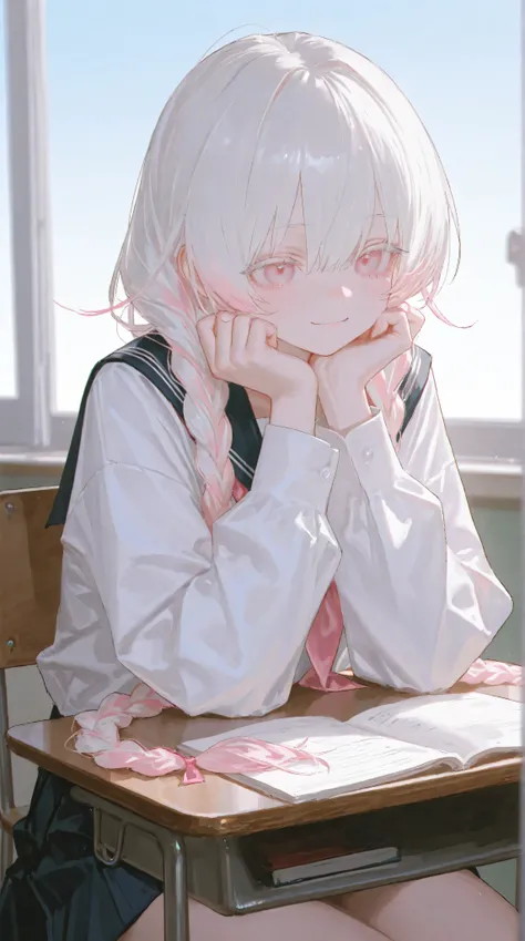 1 girl, girl, Light pink eyes, White hair, Very long low double twist braid with white and pink double dyed, gradient hair,Very long low double twist braid,Light pink eyes, white eyelash ,Wearing white JK,Reoen of the Sexes , school uniforms, long hair, ...