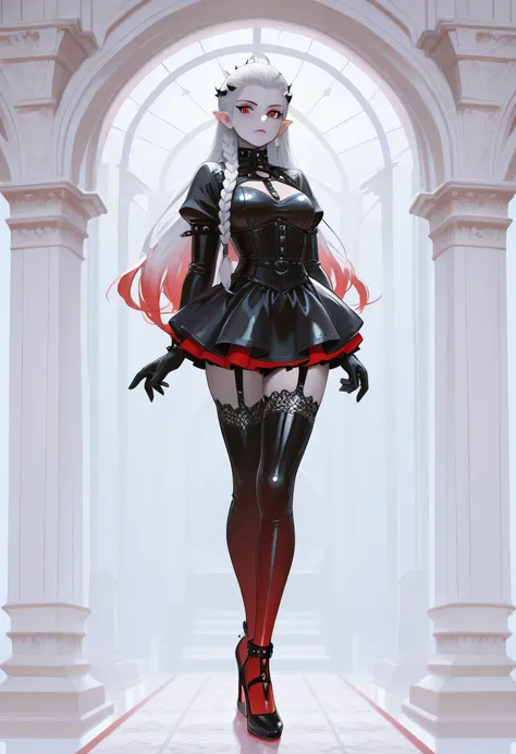score_9, score_8_up, score_7_up, (masterpiece , UHD , 8K , 16K , ultra detailed) goth black and white anime full body portrait  (only colors red and black, pink: 1.4), a picture of a olo goth elf dominatrix queen , best detailed face, small elf ears, long ...