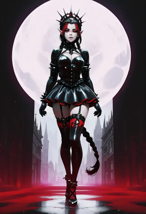 score_9, score_8_up, score_7_up, (masterpiece , UHD , 8K , 16K , ultra detailed) goth black and white anime full body portrait  (only colors red and black, pink: 1.4), a picture of a olo goth elf dominatrix queen , best detailed face, small elf ears, long ...