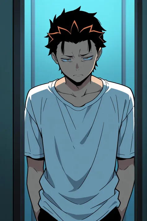 Natsuki Subaru anime, Greed, depressed face, in a shirt, dynamic pose