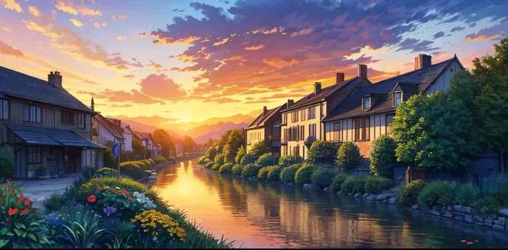 a small village by the river, mountains in the background, floral flowers colorful, detailed landscape, Beautiful natural landscapes, atmospheric lighting, scorching sunset, warm colours, practical, photopractical, Detailed Foliage, complex buildings, cobb...