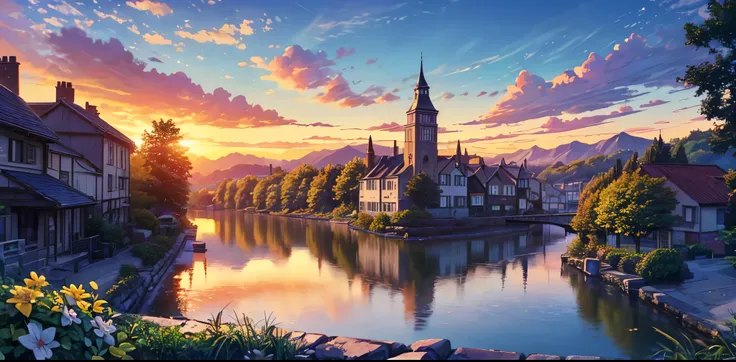 a small village by the river, mountains in the background, floral flowers colorful, detailed landscape, Beautiful natural landscapes, atmospheric lighting, scorching sunset, warm colours, practical, photopractical, Detailed Foliage, complex buildings, cobb...