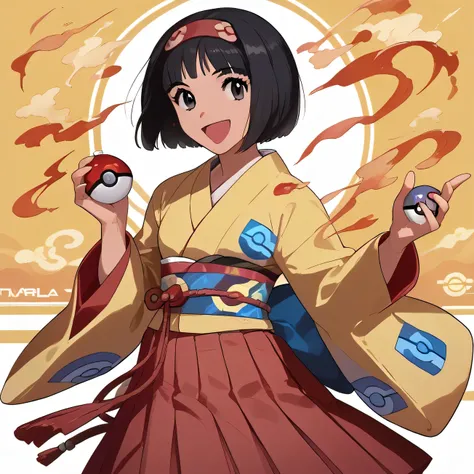 Erika_(pokemon), 1girl, solo, bob_cut, short_hair, black_hair, blunt_bangs, blunt_ends, hairband, red_hairband, grey_eyes, eyelashes, kimono, yellow_kimono, hakama, red_hakama, hakama_skirt, poke_ball_print, poke_ball, holding, holding_poke_ball, brown_boo...