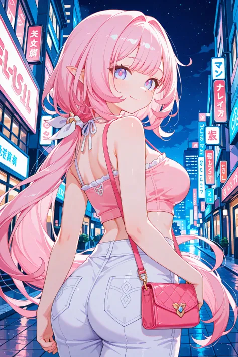 1girl, elysia \(honkai impact\), pink hair, casual clothes, pink tube top, white long pants, purse, smile, looking back, looking at viewer, upper body, city streets, night, dynamic angle, (pastel colors:1.3), masterpiece, best quality, amazing quality, ver...
