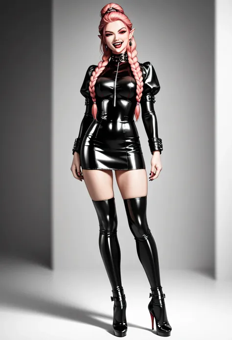 score_9, score_8_up, score_7_up, (masterpiece , UHD , 8K , 16K , ultra detailed) goth black and white anime full body portrait  (only colors red and black, pink: 1.4), a picture of a 1 solo goth elf dominatrix queen , best detailed face, small elf ears, lo...