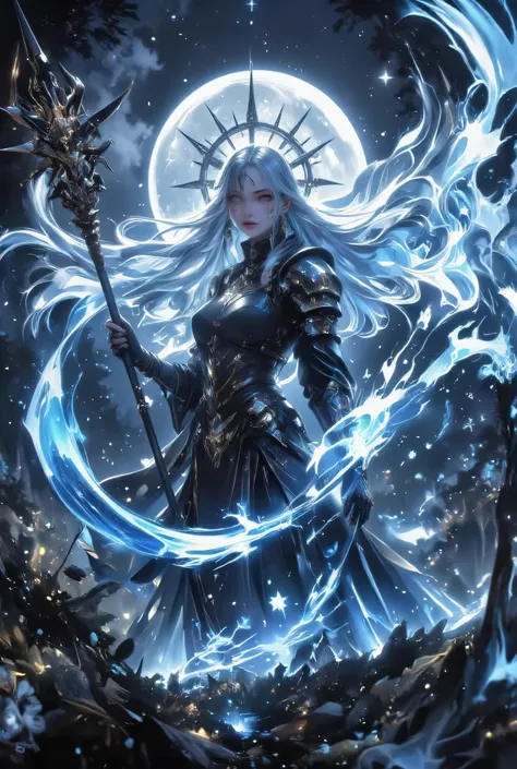 female human druid of the stars, guardian of nature, controlling magical energy made of stars, swirling blue stary magical light, divine symbols high details, dynamic angle, human female, extremally beautiful, ultra feminine, dynamic hair, dynamic hair col...