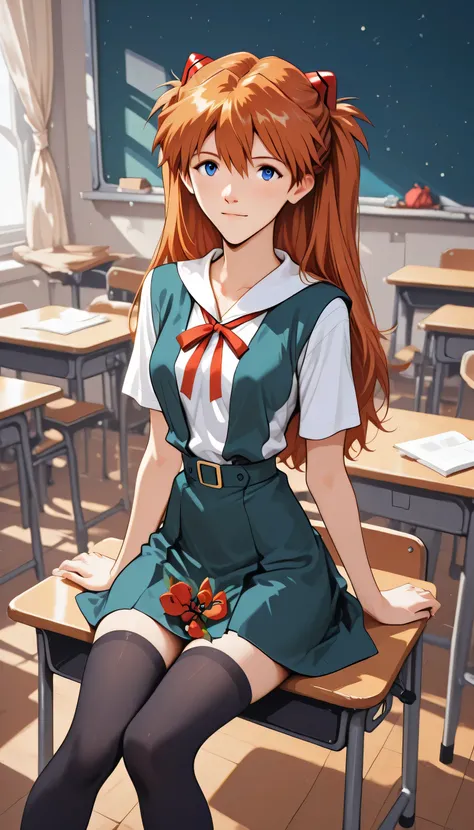 Asuka Langley Sōryū (evangelion) Christmas skirt, black stockings for schoolgirl , sitting in the classroom, blue eyes