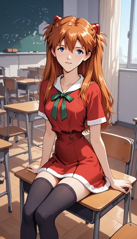 Asuka Langley Sōryū (evangelion) Christmas skirt, black stockings for schoolgirl , sitting in the classroom, blue eyes