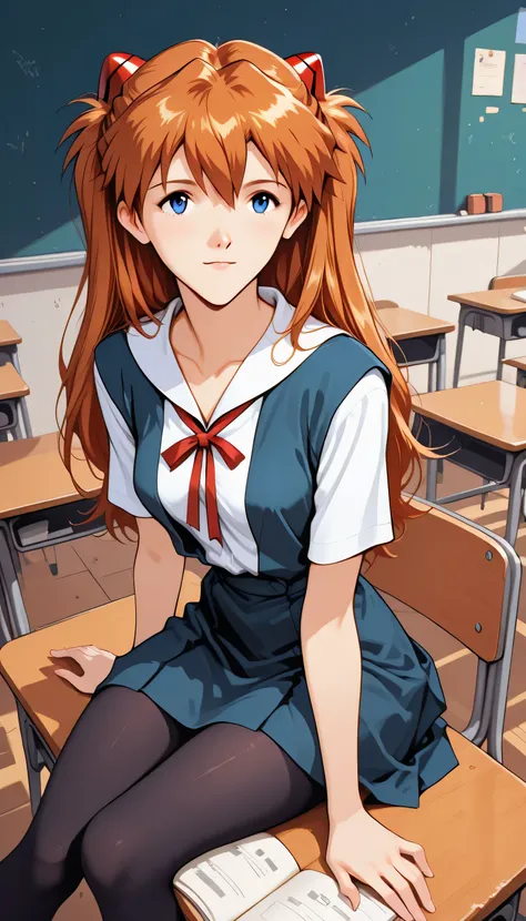Asuka Langley Sōryū (evangelion) black stockings for schoolgirl , sitting in the classroom, blue eyes