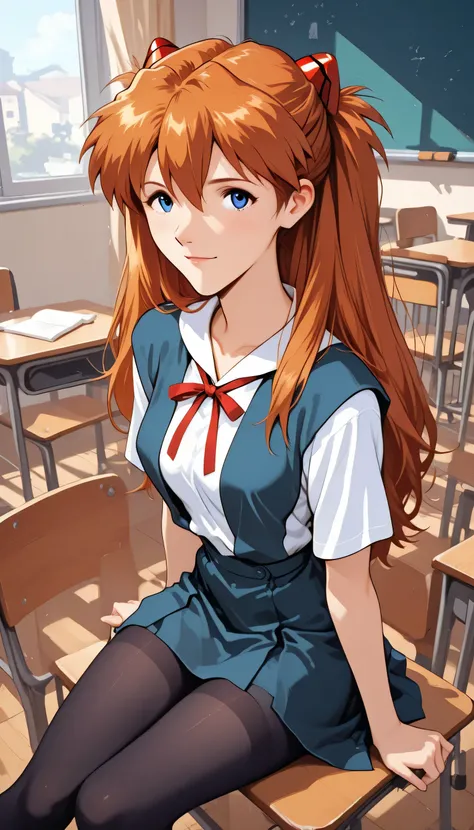 Asuka Langley Sōryū (evangelion) black stockings for schoolgirl , sitting in the classroom, blue eyes