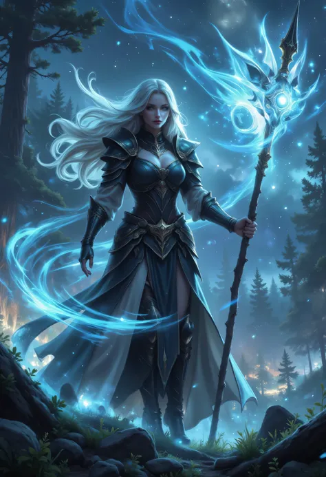 female human druid of the stars, guardian of nature, controlling magical energy made of stars, swirling blue stary magical light, divine symbols high details, dynamic angle, human female, extremally beautiful, ultra feminine, dynamic hair, dynamic hair col...