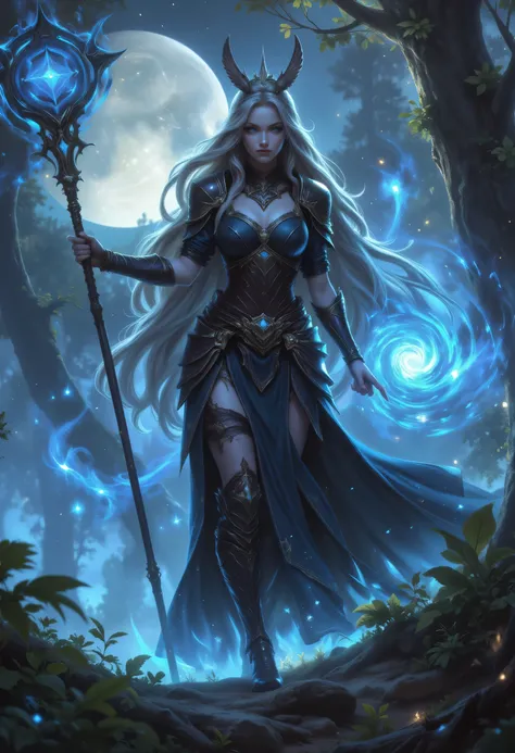 female human druid of the stars, guardian of nature, controlling magical energy made of stars, swirling blue stary magical light, divine symbols high details, dynamic angle, human female, extremally beautiful, ultra feminine, dynamic hair, dynamic hair col...