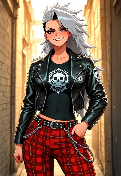 "Anthropomorphic Loona from 'Helluva Boss' exuding a rebellious punk vibe. She sports a distressed leather jacket adorned with metal studs and patches, a ripped band tee, and plaid pants with chains. Her vibrant, spiked hair complements her bold makeup, fe...