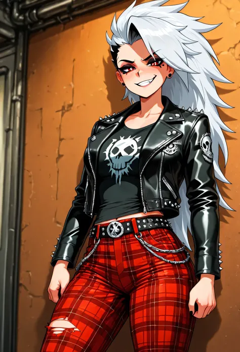 "Anthropomorphic Loona from 'Helluva Boss' exuding a rebellious punk vibe. She sports a distressed leather jacket adorned with metal studs and patches, a ripped band tee, and plaid pants with chains. Her vibrant, spiked hair complements her bold makeup, fe...