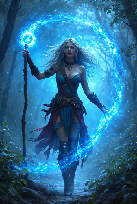 female human druid of the stars, guardian of nature, controlling magical energy made of stars, swirling blue stary magical light, divine symbols high details, dynamic angle, human female, extremally beautiful, ultra feminine, dynamic hair, dynamic hair col...
