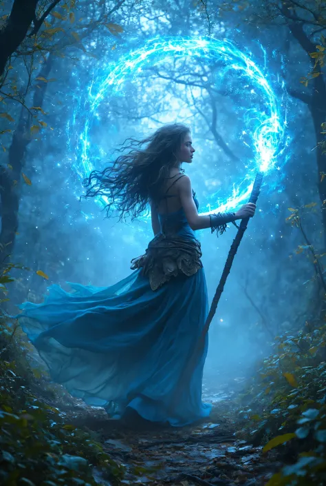 female human druid of the stars, guardian of nature, controlling magical energy made of stars, swirling blue stary magical light, divine symbols high details, dynamic angle, human female, extremally beautiful, ultra feminine, dynamic hair, dynamic hair col...
