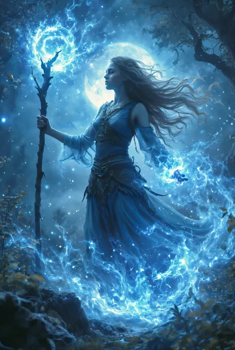 female human druid of the stars, guardian of nature, controlling magical energy made of stars, swirling blue stary magical light, divine symbols high details, dynamic angle, human female, extremally beautiful, ultra feminine, dynamic hair, dynamic hair col...