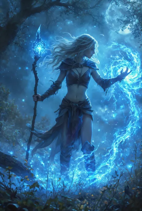 female human druid of the stars, guardian of nature, controlling magical energy made of stars, swirling blue stary magical light, divine symbols high details, dynamic angle, human female, extremally beautiful, ultra feminine, dynamic hair, dynamic hair col...