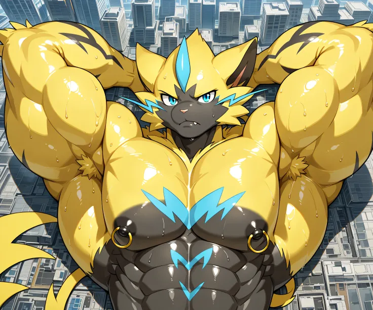 kemono, bara, solo, furry, Anthro, zeraora, male, tail, fangs on lips, muscular, posing, leaning backward, huge black nipples, golden nipple rings, broad shoulders, huge arms, broad chest, yellow fur on head, yellow fur on arms, detailed background, seriou...