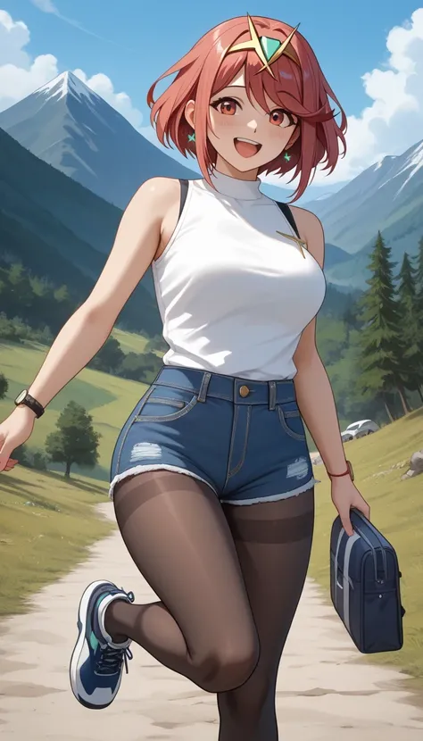 score_9, score_8_up, score_7_up, source_anime top quality、8k、 masterpiece、super high accuracy、 natural light、perfect anatomy、 one woman、medium chest、saggy breasts:1.5、pyra、(is embarrassing:1.2、happy)、tight sleeveless shirt、denim shorts、pantyhose、(mountaino...