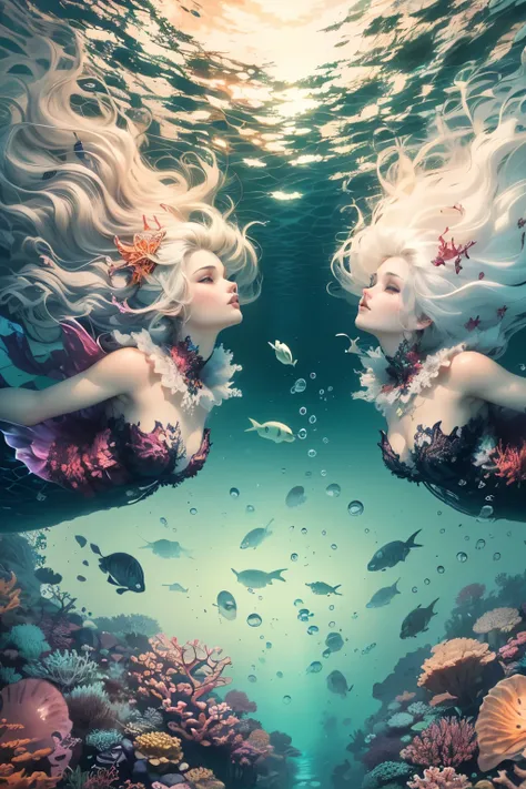 (Ultra-detailed face, gothic fantasy illustration, ukiyoe style. Landscape looking up from the ocean floor to the surface. The seabed glistening in the daylight. Two mermaids are swimming gracefully in a circle together on the bottom of a very beautiful co...