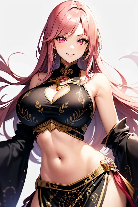 A middle-aged beautiful woman with long straight pink hair, sharp pink eyes, smiling, shiny skin, large breasts, smooth stomach, wearing a black and gold intricately patterned armor like a fantasy mage, long skirt, posing showing her underarms, provocative...