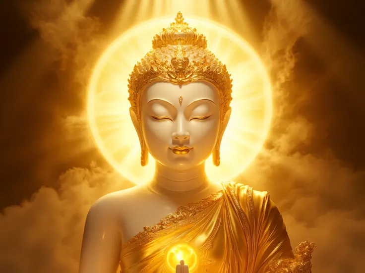 Golden peaceful shinny male buddha face a golden robe ကိုယ်ရောင်တောက်ပနေသော background is gold and shine myanmar style 