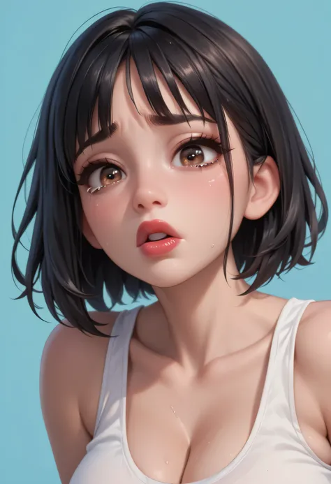1girl, (perfect face), detailed pupils, feminine, ((large breasts)), white round tank top, looking at viewer, black hair, short hair, black eyebrows, thin eyebrows, brown eyes, big eyes, cry eyes, sad face, black eyeliners, thick lips, red lips, open lips,...