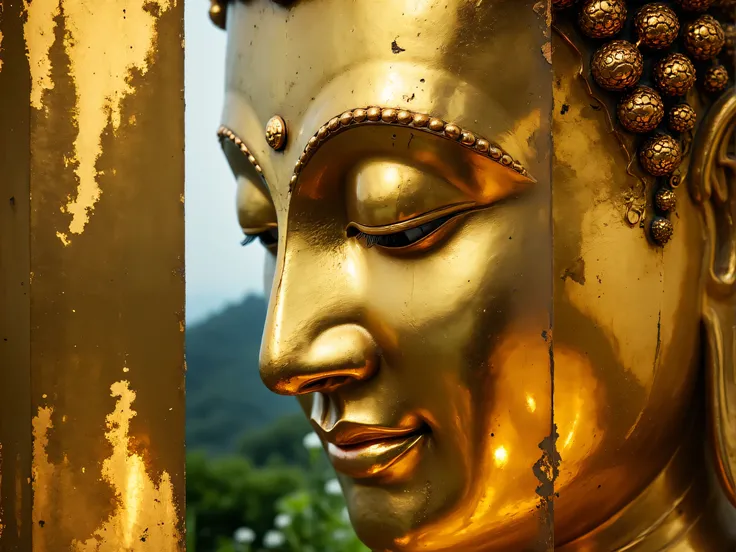 Shiny golden myanmar Buddha Face tilt shot