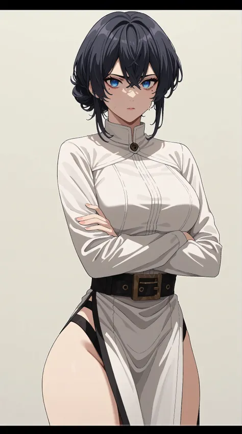 score_9, score_8_up, score_7_up, score_6_up, score_5_up, score_4_up,
PAUSE
A woman,  breasts, short hair, tied hair, black hair, bangs on the left,  white bangs, a lock of white hair, cold look, looking at the spectator, jacket, perfect body, perfect abdom...