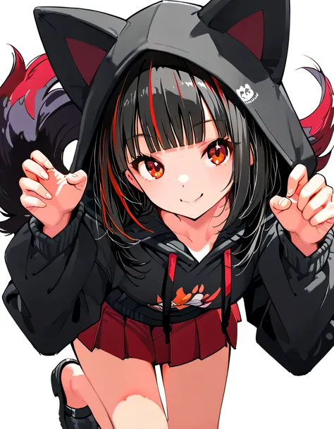 (dynamic angle,dynamic pretty paw pose),solo,leaning forward,(portrait),black streaked red frissy hair,blunt bangs, black Zorua style hoodie,hood up,mini pleats skirt,black sandal,red eyes,natyural cosmetics,cute face,smile,soft lineart,white color backgro...