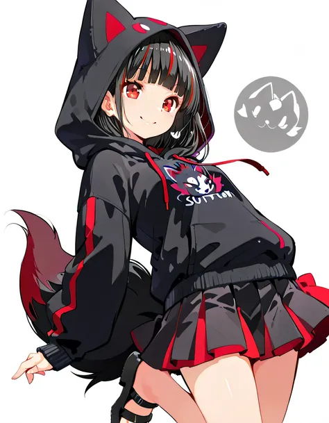sideview,(dynamic angle,dynamic cute standing pose),solo,upperbody,leaning back,(portrait),black streaked red frissy hair,blunt bangs, black Zorua style hoodie,hood up,mini pleats skirt,black sandal,red eyes,natyural cosmetics,cute face,smile,soft lineart,...