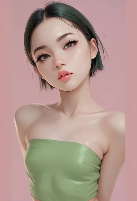black hair, short hair, (forehead), (green band head), black thin eyebrows, dark brown eyes, black eyelashes, nose, normal lips, pink lips, small breasts, (green tube top), simple background