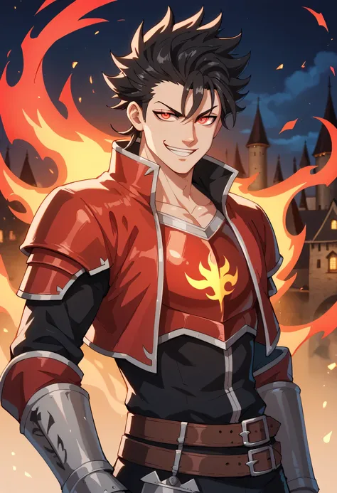 black hair, white skin, spiky hair, strong physique, glowing red eyes, black and red energy, black and red flames, man, anime style, black flames in hands, smiling, medieval castle background, night, fantastic lighting, focus on character, solo, black armo...
