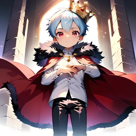(score_9, score_8_up), (perfect face), (detailed face:1.3), (detailed eyes:1.3), (cute eyes), (shiny eyes), (masterpiece eyes), (cute face:1.2), (1 boy), (shota:1.5), (Standing upright:1.3), (left hand on chest:1.2), (right hand holding sceptre:1.3), (purp...