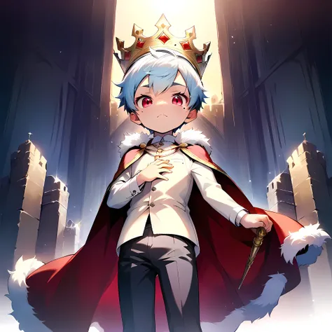 (score_9, score_8_up), (perfect face), (detailed face:1.3), (detailed eyes:1.3), (cute eyes), (shiny eyes), (masterpiece eyes), (cute face:1.2), (1 boy), (shota:1.5), (Standing upright:1.3), (left hand on chest:1.2), (right hand holding sceptre:1.3), (purp...