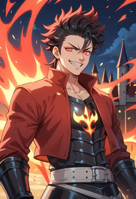 black hair, white skin, spiky hair, strong physique, glowing red eyes, black and red energy, black and red flames, man, anime style, black flames in hands, smiling, medieval castle background, night, fantastic lighting, focus on character, solo, black armo...