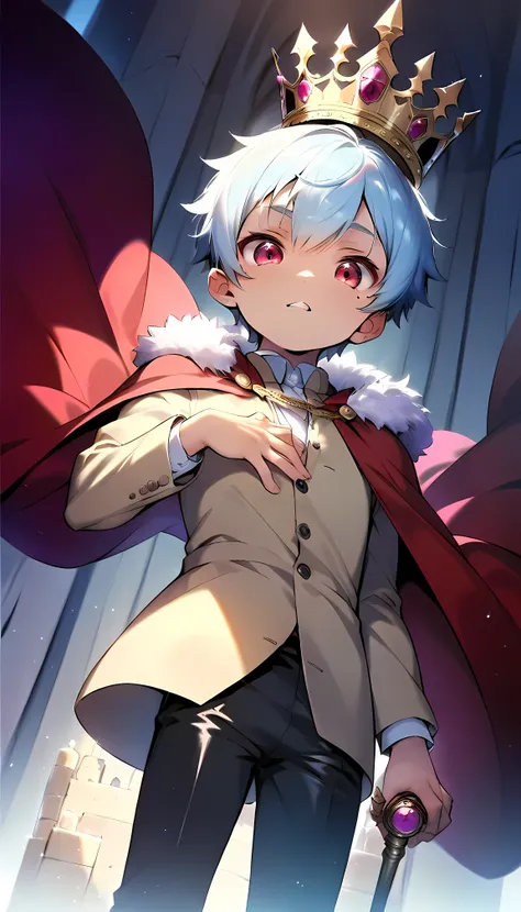 (score_9, score_8_up), (perfect face), (detailed face:1.3), (detailed eyes:1.3), (cute eyes), (shiny eyes), (masterpiece eyes), (cute face:1.2), (1 boy), (shota:1.5), (Standing upright:1.3), (left hand on chest:1.2), (right hand holding sceptre:1.4), (purp...