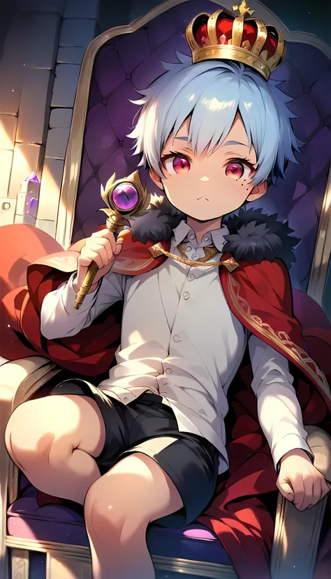 (score_9, score_8_up), (perfect face), (detailed face:1.3), (detailed eyes:1.3), (cute eyes), (shiny eyes), (masterpiece eyes), (cute face:1.2), (1 boy), (shota:1.5), (sitting on king chair:1.3), (one's leg crossed:1.3), (right hand holding sceptre:1.3), (...